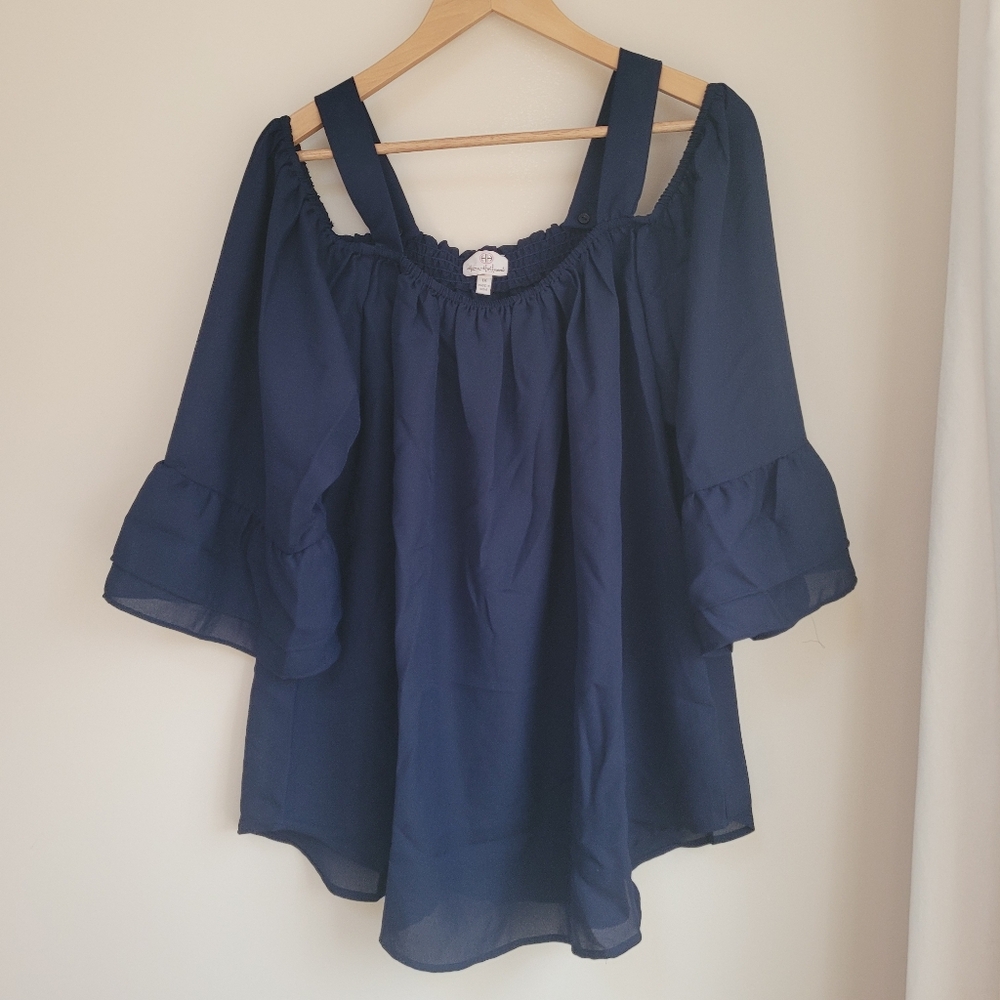 1X Navy Ruffled Sleeve Flowy Top Adjustable Straps
